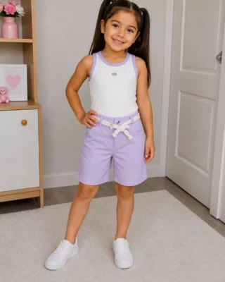 Conjunto body y bermuda lila y beige