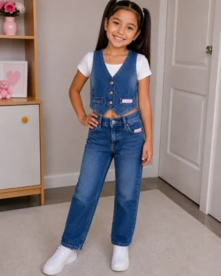 Set jean chaleco azul medio