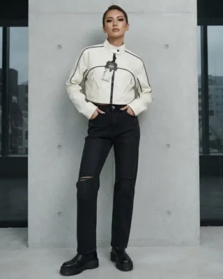 Chaqueta motera para mujer en cuerina, blanca