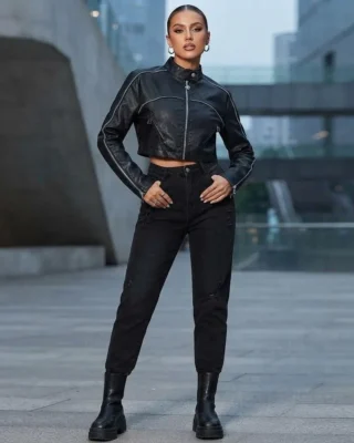 Chaqueta motera para mujer en cuerina, negra