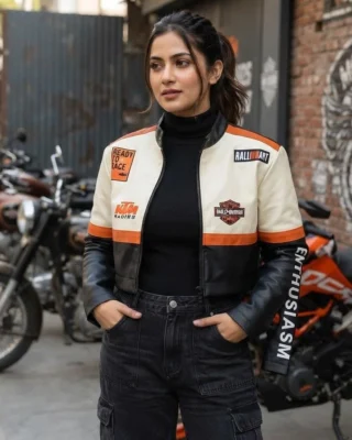 Chaqueta motera para mujer en cuerina, raya naranja