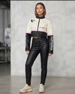 Chaqueta motera para mujer en cuerina, raya rosa