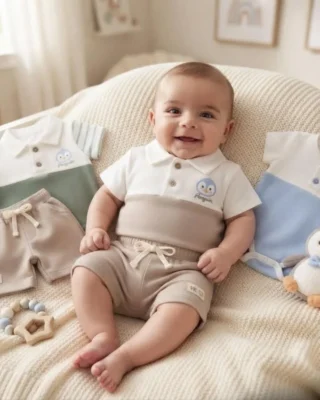 Conjunto bebe niño 3 piezas, café/beige